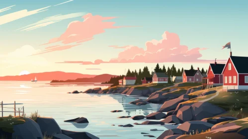 Romantic Wilderness: Serene Village by Calm Sea Digital Illustration