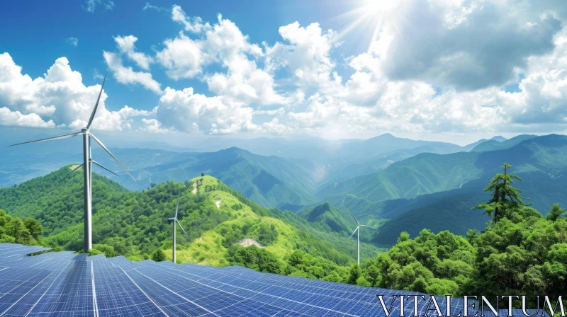 Serenity in Nature: Solar Power Panels and Wind Turbines on a Green Mountain AI Image