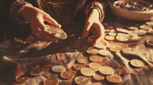 Vintage Woman Placing Coins on Table | Mystical and Dreamy