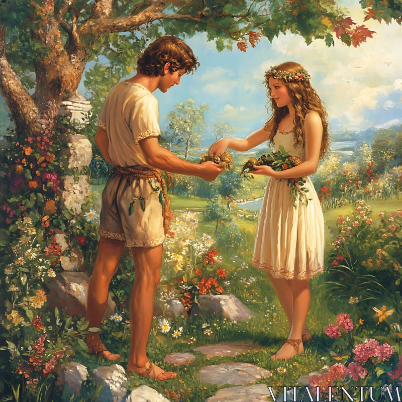 Couple Exchanging Flowers in Garden Art AI Image