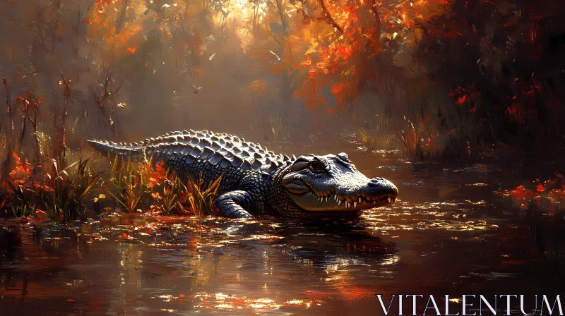 Serene Alligator in Autumn Setting AI Image