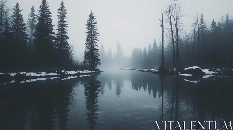 AI ART Serene Winter Scene by a Misty Lake