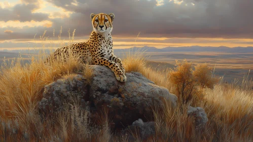 Cheetah on a Rock with Sunset