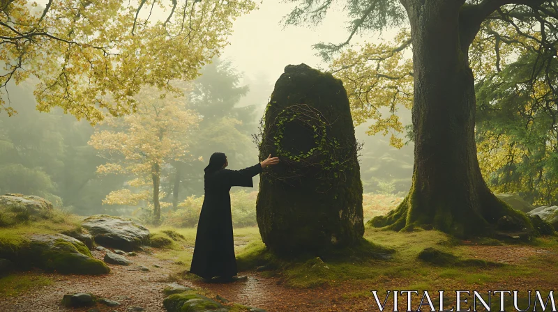 AI ART Cloaked Figure in Forest Touching Stone