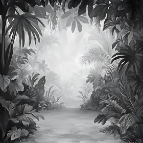 Misty Pathway Through Lush Monochrome Forest