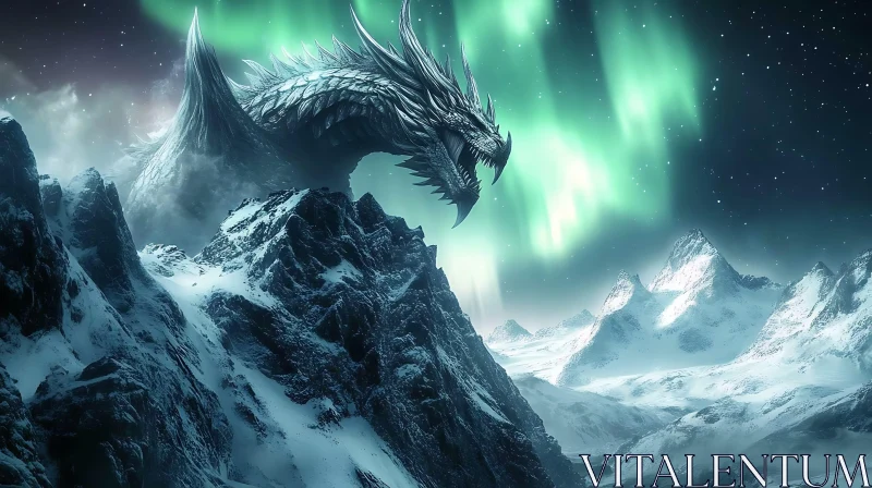 AI ART Winter Dragon Landscape with Northern Lights