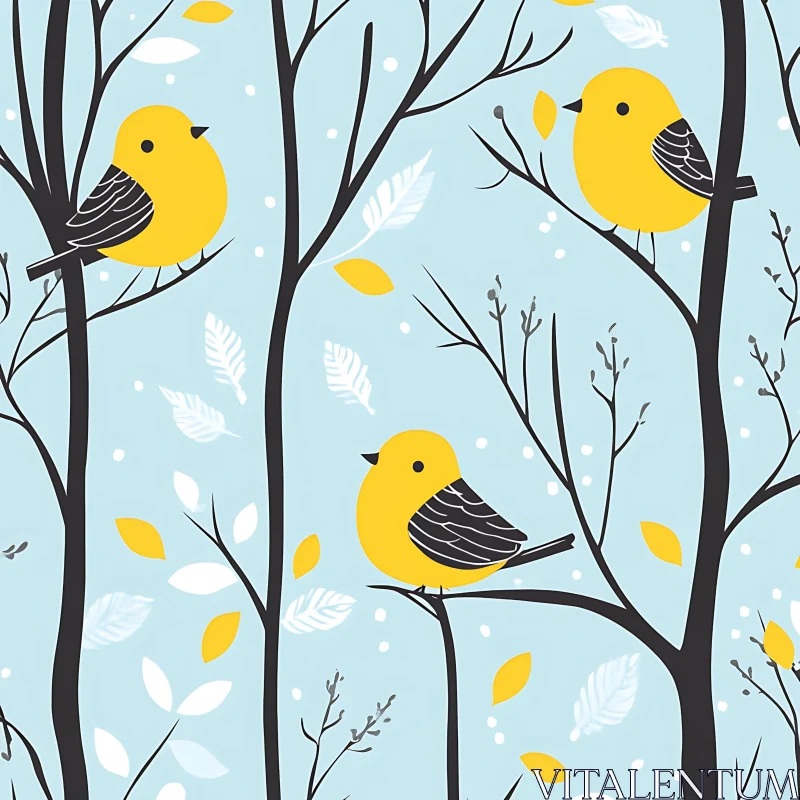 AI ART Birds on Branches Winter Pattern