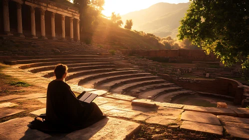 Sunset Reader in Ancient Ruins