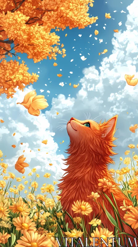 AI ART Enchanted Cat in a Field of Yellow Blooms