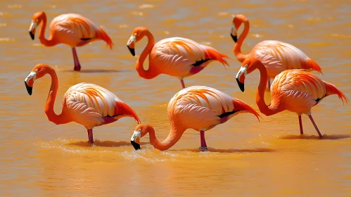 Pink Flamingos in Shallow Water