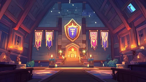 Illustrated Medieval Hall with Banners