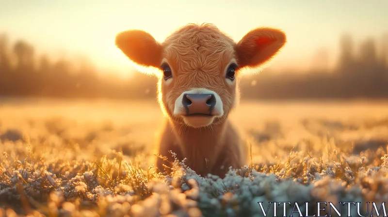 Sunlit Calf in Frosty Field AI Image