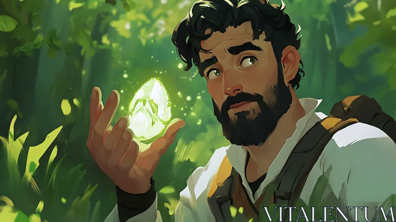 Man with Crystal in Forest Illustration AI Image