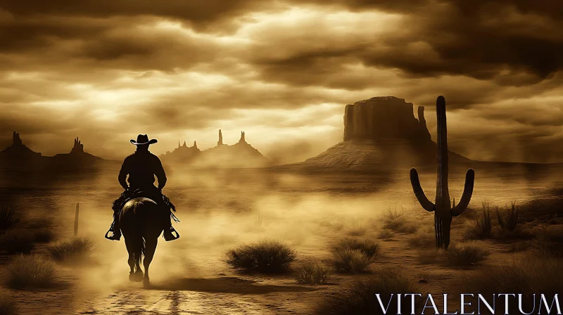 Sepia Cowboy Riding Through Desert AI Image
