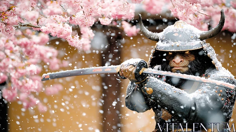 Armored Monkey Warrior in Snowy Scene AI Image