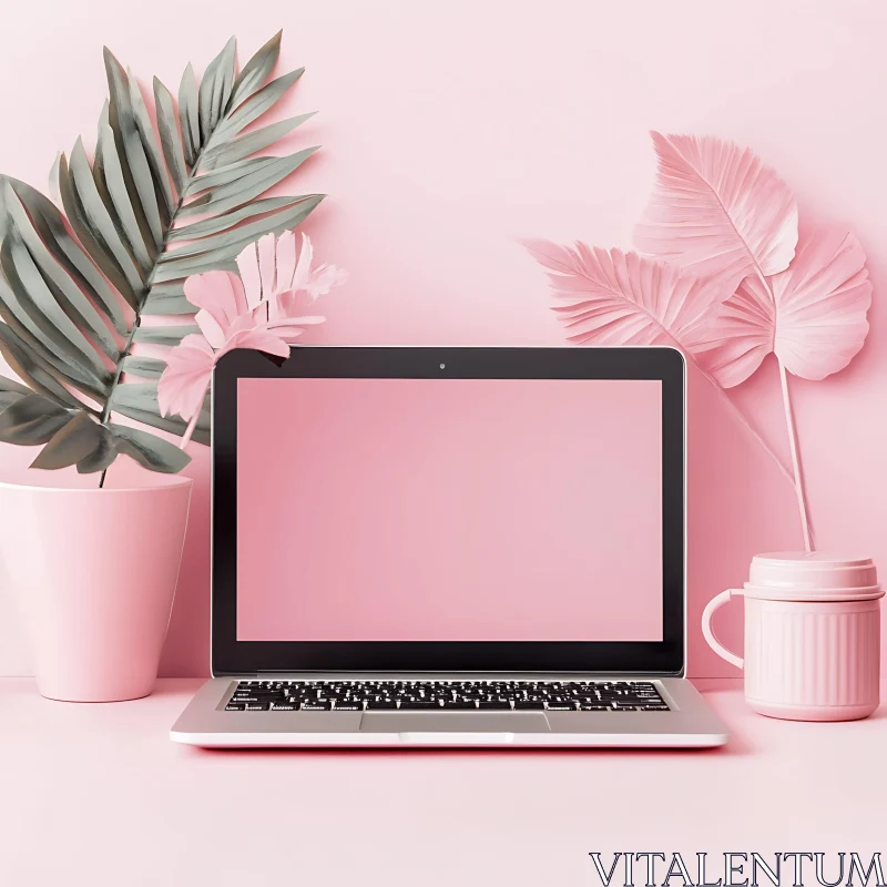 Pink-Themed Workspace with Laptop and Decorative Plants AI Image