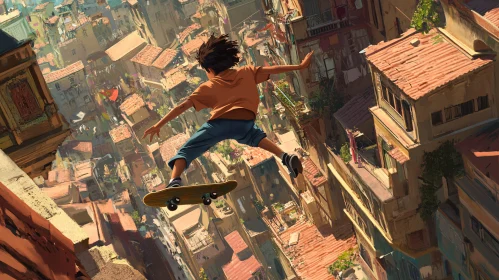 Skateboarder in Cityscape Art