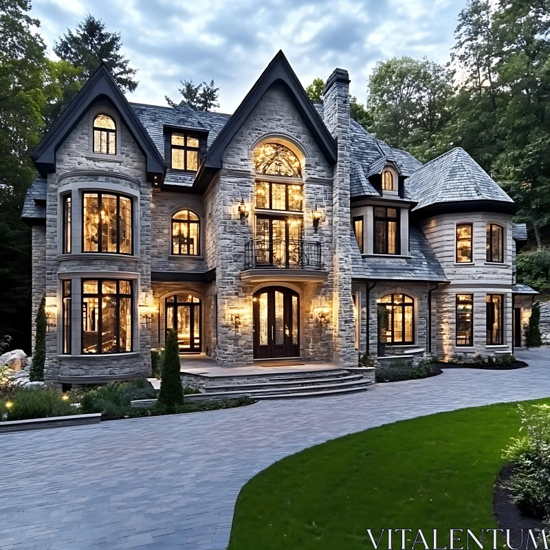 Grand Stone Mansion with Spectacular Evening Lighting AI Image