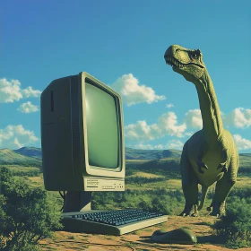 Dinosaur with Old Computer in Surreal Setting