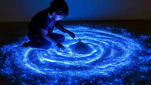 Boy Creating Galaxy with Lights