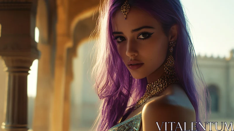 AI ART Woman with Purple Hair and Gold Jewelry