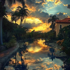 Tropical Sunset Canal Reflection