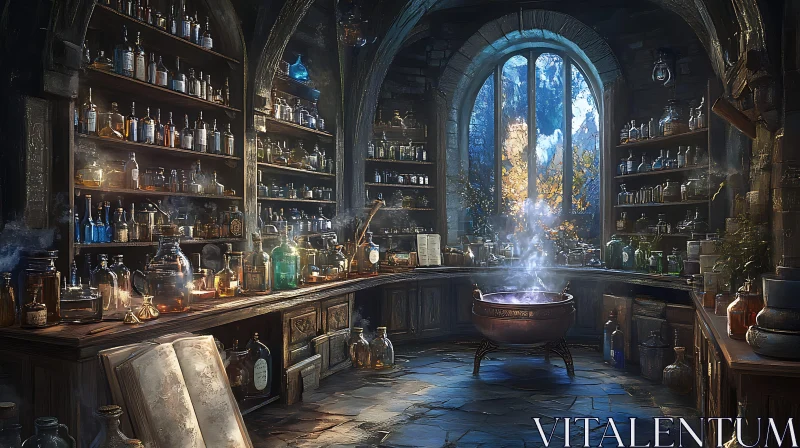 AI ART Mystical Alchemy Lab with Potions and Cauldron