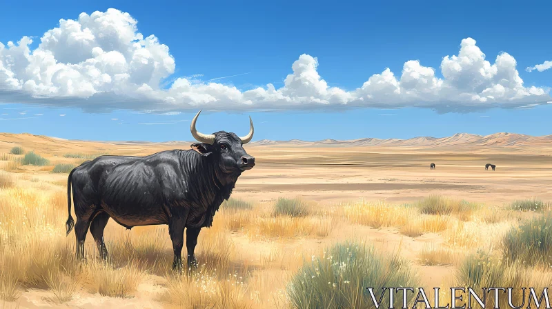 Black Bull in Desert Scene AI Image