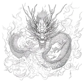 Monochrome Dragon Illustration with Intricate Details