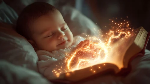 Infant Asleep with Glowing Book