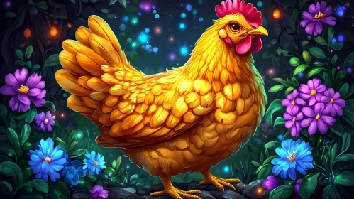 Whimsical Chicken Amidst Flowers