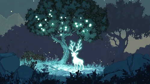 Luminous Deer in Mystical Woods