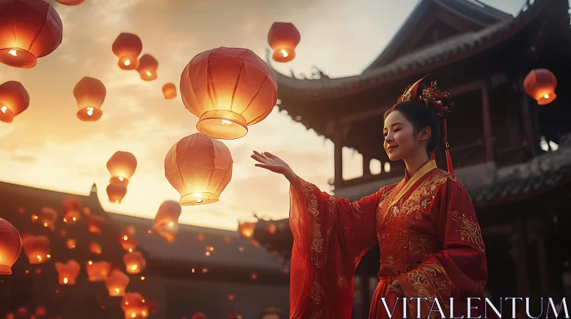 AI ART Woman with Floating Lanterns