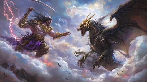 Warrior and Dragon Battle in the Sky