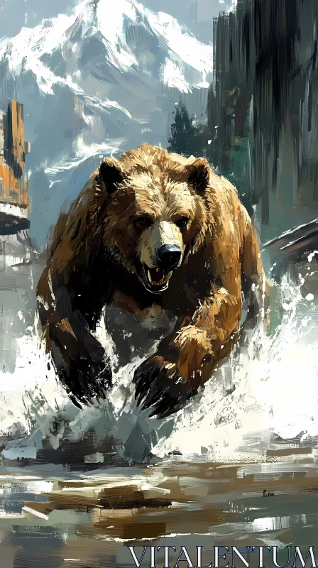 AI ART Charging Bear in a Mountain Stream