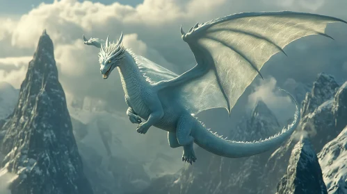 Dragon in Flight Above Mountain Peaks
