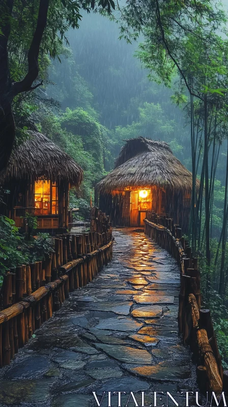 Huts in Rainy Forest AI Image