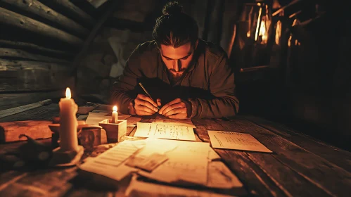 Candlelit Writer in Rustic Setting