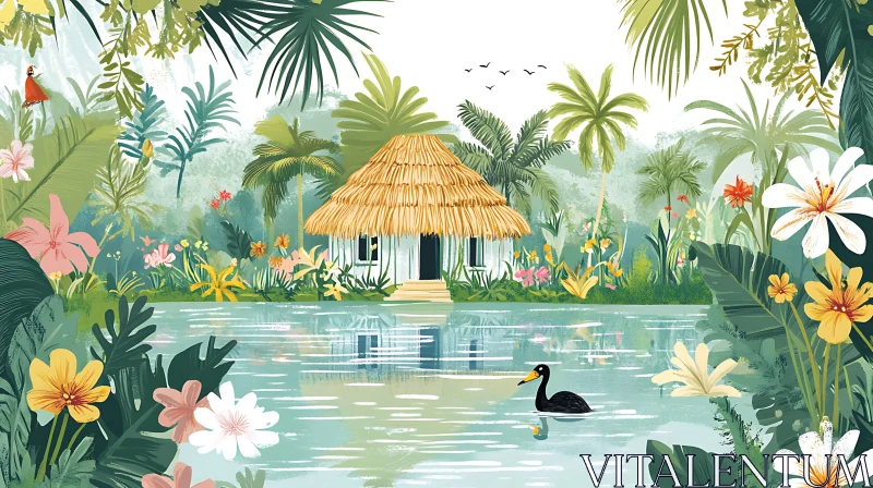 AI ART Serene Cottage Amidst Tropical Flora