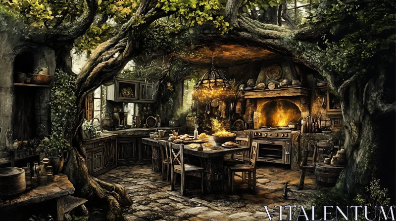 Rustic Kitchen in a Tree AI Image