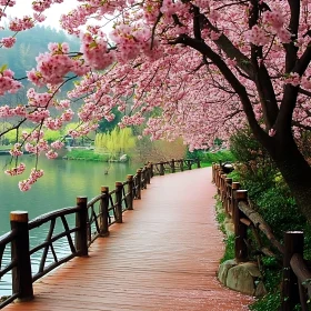 Serene Walkway with Cherry Blossoms in Spring
