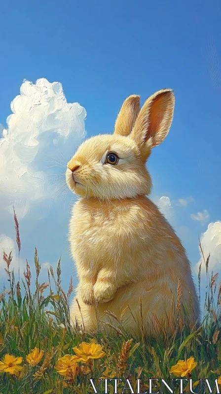 Bunny and Yellow Flowers Under Blue Sky AI Image