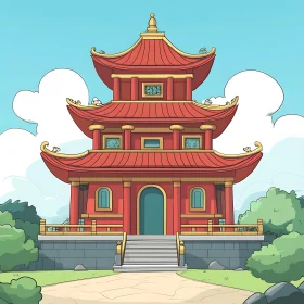 Red Roof Pagoda in Cartoon Style