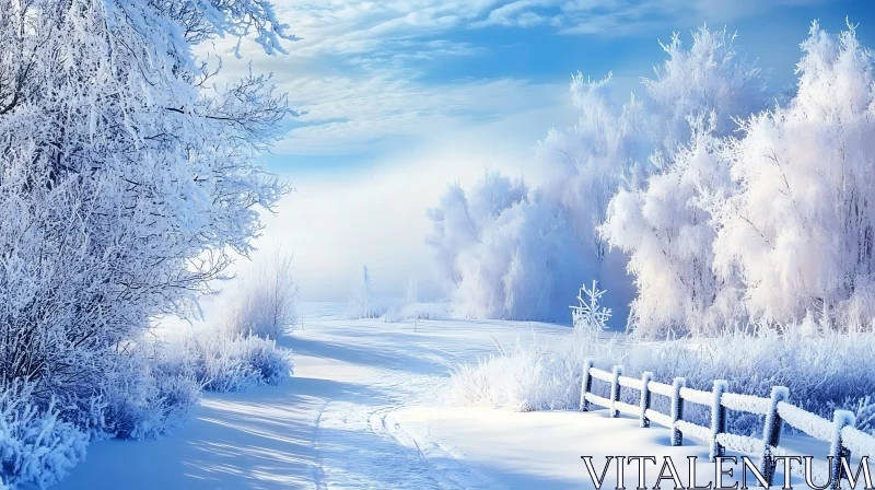 AI ART Tranquil Snowy Scene with Frost and Wooden Fence