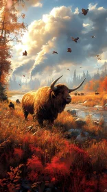 Autumn Wildlife Scene with Bull