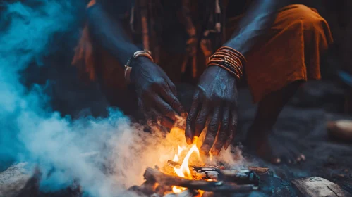 Person Tending Fire with Hands