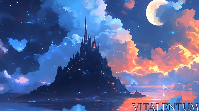 Island Castle at Night AI Image