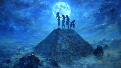 Blue Pyramid with Silhouetted Figures