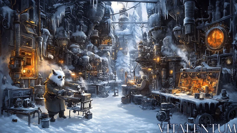 AI ART Snowy Robot Factory in Steampunk Style