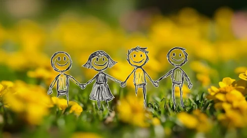 Stick Figures Holding Hands in Flowers